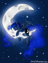 Size: 784x1018 | Tagged: safe, artist:farcuf, princess luna, alicorn, pony, g4, crescent moon, ethereal mane, female, moon, sleeping, solo, starry mane, starry night, tangible heavenly object, transparent moon