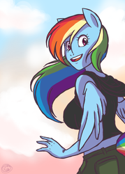 Size: 650x909 | Tagged: safe, artist:littlechestnuts, rainbow dash, pegasus, anthro, g4, breasts, busty rainbow dash, clothes, female, hoodie, solo