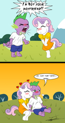 Size: 1700x3200 | Tagged: safe, artist:beowulf100, spike, sweetie belle, anthro, unguligrade anthro, g4, :t, barefoot, blush sticker, blushing, clothes, comic, cute, eyes closed, feet, female, frown, grass, heart, holding hands, male, nuzzling, ship:spikebelle, shipping, sitting, smiling, straight, sweat, tsundere, underhoof, wavy mouth, yelling