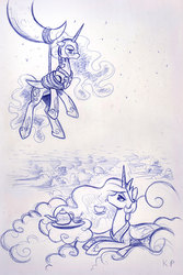 Size: 1000x1500 | Tagged: safe, artist:kp-shadowsquirrel, nightmare moon, princess celestia, princess luna, g4, ballpoint pen, bound wings, cloud, cloudy, crescent moon, monochrome, rope, suspended, tangible heavenly object, tea, tea party, teacup, teapot, tied up, tongue out, traditional art