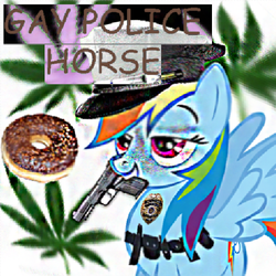 Size: 500x500 | Tagged: safe, artist:erwink, rainbow dash, g4, 1000 hours in ms paint, comic sans, donut, female, marijuana, ms paint, police, quality, solo, stylistic suck, sweet bro and hella jeff, wat, weapon, why