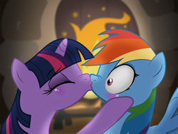 Size: 1024x768 | Tagged: safe, artist:dnyshy, rainbow dash, twilight sparkle, pegasus, pony, g4, blushing, duo, female, kiss on the lips, kissing, lesbian, mare, ship:twidash, shipping, surprise kiss