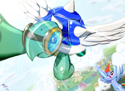 Size: 726x528 | Tagged: safe, artist:frist44, rainbow dash, tank, g4, belly button, blue shell, cloud, cloudy, crossover, dynamic angle, flying, goggles, koopa shell, lens flare, male, mario, mario kart, mario kart wii, nintendo, ponyville, sky, sunlight, super mario bros., wings