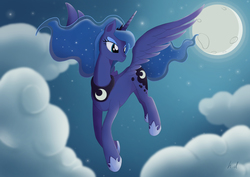 Size: 3508x2480 | Tagged: safe, artist:lyugha, princess luna, alicorn, pony, g4, cloud, cloudy, female, flying, high res, looking back, moon, night, night sky, pixiv, sky, solo