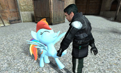 Size: 1024x618 | Tagged: dead source, safe, artist:dakkiller, rainbow dash, g4, 3d, barney calhoun, gmod, half-life, hooves