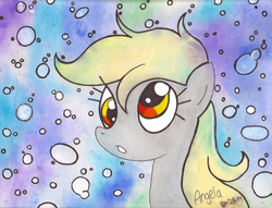 Size: 3323x2534 | Tagged: safe, artist:grocerystorephobic, derpy hooves, pegasus, pony, g4, bubble, cute, female, high res, mare, solo, traditional art, underwater, watercolor painting