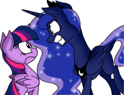 Size: 1830x1405 | Tagged: dead source, safe, artist:strangiesleepy, princess luna, twilight sparkle, alicorn, pony, g4, female, mare, simple background, twilight sparkle (alicorn)