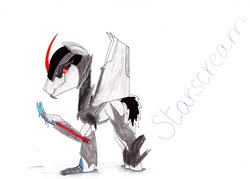 Size: 1056x756 | Tagged: safe, artist:speedfeather, pony, ponified, simple background, solo, starscream, traditional art, transformers, transformers prime, white background