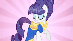 Size: 1365x768 | Tagged: safe, screencap, rarity, earth pony, pony, unicorn, boast busters, g4, beautiful, beehive hairdo, clothes, cute, dress, eyes closed, female, mare, raribetes, smiling, solo, updo