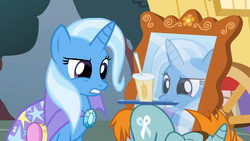 Size: 1365x768 | Tagged: safe, screencap, snips, trixie, pony, unicorn, boast busters, g4, brush, colt, cup, drink, face down ass up, female, hairbrush, male, mare, oat smoothie, smoothie, solo, straw, tray