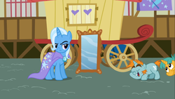 Size: 1366x768 | Tagged: safe, screencap, snails, snips, trixie, boast busters, g4, annoyed, mirror, trixie's wagon, wagon