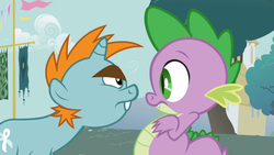 Size: 1365x768 | Tagged: safe, screencap, snips, spike, boast busters, g4, glare, stare