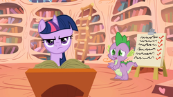 Size: 1365x768 | Tagged: safe, screencap, spike, twilight sparkle, boast busters, g4, annoyed, apologetic, checklist, golden oaks library, podium