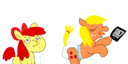 Size: 2168x1082 | Tagged: safe, artist:worstponayfan, apple bloom, applejack, earth pony, pony, g4, crying, diaper, diaper fetish, duo, female, mare, non-baby in diaper, wtf