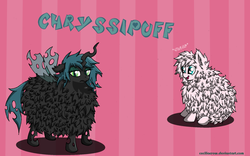 Size: 1024x640 | Tagged: dead source, safe, artist:alexcreations, queen chrysalis, oc, oc:fluffle puff, pony, g4, black sheep, canon x oc, duo, eyes on the prize, female, fluffy, frown, gasp, heart eyes, lesbian, looking at you, open mouth, ship:chrysipuff, shipping, sitting, smiling, species swap