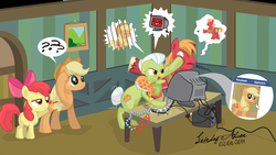 Size: 1920x1080 | Tagged: safe, artist:leirbagahcor, apple bloom, applejack, big macintosh, granny smith, earth pony, pony, g4, apple family, computer, facebook, glasses, male, pictogram, ponies with technology, stallion