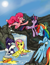 Size: 733x946 | Tagged: safe, artist:jabberwockychamber, applejack, fluttershy, pinkie pie, rainbow dash, rarity, twilight sparkle, g4, mane six, onsen, river, stream, water, waterfall