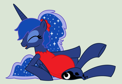 Size: 1600x1102 | Tagged: safe, artist:evilfrenzy, princess luna, g4, alternate hairstyle, clothes, eyes closed, female, one-piece swimsuit, pregnant, red swimsuit, simple background, solo, swimsuit, vector