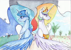 Size: 3508x2480 | Tagged: safe, artist:santagiera, princess celestia, princess luna, g4, high res, traditional art, watercolor painting