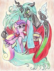 Size: 900x1184 | Tagged: safe, artist:oriwhitedeer, princess cadance, queen chrysalis, alicorn, changeling, changeling queen, semi-anthro, g4, fan, kimono (clothing), sake, traditional art