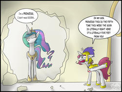 Size: 2000x1500 | Tagged: safe, artist:maiah, princess celestia, oc, g4, braces, hole, royal guard, rubble, speech bubble, wall