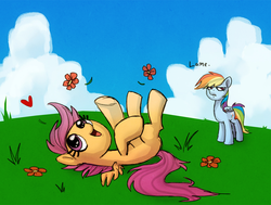 Size: 1000x756 | Tagged: safe, artist:adailey, rainbow dash, scootaloo, pegasus, pony, g4, cloud, cute, cutealoo, female, filly, flower, foal, heart, mare, on back, open mouth, rainbow dash is not amused, sky, spread wings, talking, unamused, wings