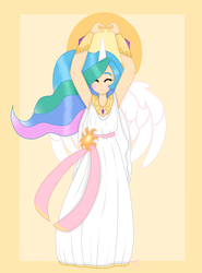 Size: 2000x2700 | Tagged: safe, artist:ashourii, princess celestia, human, g4, clothes, cute, cutelestia, eyes closed, female, greek, greek clothes, high res, horn, horned humanization, humanized, robe, solo, winged humanization