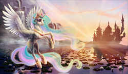 Size: 1024x593 | Tagged: safe, artist:cosmicunicorn, princess celestia, g4, canterlot, crepuscular rays, female, flying, lake, lilypad, scenery, smiling, solo, spread wings, sunrise, water, waterfall