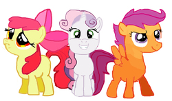 Size: 850x500 | Tagged: safe, artist:jbond, apple bloom, scootaloo, sweetie belle, earth pony, pegasus, pony, unicorn, g4, cutie mark crusaders, female, filly, foal, sad, simple background, smiling, trio, white background