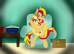 Size: 2338x1700 | Tagged: safe, artist:1231redflame, sunset shimmer, pony, unicorn, g4, binary shimmer, couch, female, half r63 shipping, hug, male, popcorn, rule 63, selfcest, shipping, straight, sunglare, sunset glare