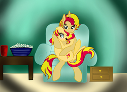 Size: 2338x1700 | Tagged: safe, artist:1231redflame, sunset shimmer, pony, unicorn, g4, binary shimmer, couch, female, half r63 shipping, hug, male, my little colt, popcorn, rule 63, selfcest, shipping, straight, sunglare, sunset glare