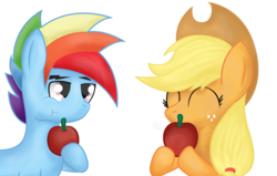 Size: 1100x700 | Tagged: safe, artist:manu-th-389, applejack, rainbow dash, g4, apple, bliss, eating, female, food, half r63 shipping, male, rainbow blitz, rule 63, ship:appleblitz, ship:appledash, shipping, simple background, straight