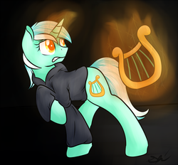 Size: 700x650 | Tagged: dead source, safe, artist:shiverbear, lyra heartstrings, fanfic:background pony, g4, fanfic, female, lyre, magic, musical instrument, ponies wearing black, solo