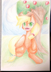 Size: 905x1280 | Tagged: safe, artist:itigomusu, applejack, g4, apple tree, female, pixiv, sitting, solo, traditional art, tree