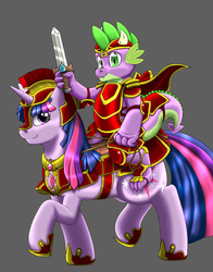 Size: 831x1060 | Tagged: safe, artist:kitsuneyoukai, spike, twilight sparkle, dragon, pony, unicorn, g4, armor, dragons riding ponies, female, male, mare, riding, sword, weapon