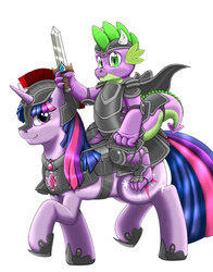 Size: 831x1060 | Tagged: safe, artist:kitsuneyoukai, spike, twilight sparkle, g4, armor, cape, clothes, knight, riding a pony, sword, weapon