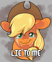 Size: 508x600 | Tagged: safe, artist:clovercoin, applejack, g4, bust, caption, colored pupils, crying, female, solo