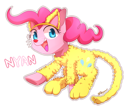 Size: 1501x1275 | Tagged: dead source, safe, artist:sion, pinkie pie, g4, animal costume, catsuit, clothes, costume, female, looking at you, nyan, open mouth, pinkie cat, smiling, solo, underhoof, whiskers