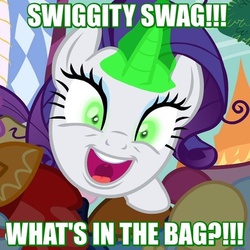 Size: 550x550 | Tagged: safe, edit, edited screencap, screencap, rarity, g4, inspiration manifestation, corrupted, ed edd n eddy, faic, female, green eyes, hub logo, image macro, inspirarity, meme, over your ed, possessed, solo, swiggity swag, the hub