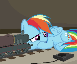 Size: 639x533 | Tagged: dead source, safe, artist:jittery-the-dragon, rainbow dash, pegasus, pony, animated, behaving like a cat, blinking, cute, dashabetes, depression, feels, female, frown, mare, model train, ponified animal photo, prone, rainbow cat, sad, sadorable, solo, tearjerker, toy, toy train, train, trainbow dash