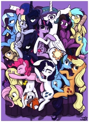 Size: 661x907 | Tagged: safe, artist:johnjoseco, artist:thepolymath, edit, applejack, derpy hooves, fluttershy, pinkie pie, princess celestia, princess luna, rainbow dash, rarity, sunshower raindrops, trixie, twilight sparkle, oc, oc:belle eve, oc:calpain, oc:gem, alicorn, pony, ask princess molestia, princess molestia, g4, :<, :o, banana, bed, belle eve, blushing, boop, bread, butt, butt bump, butt to butt, butt touch, butthug, c:, calpain, chest fluff, chubbie, colored, cross-eyed, divine, everypony, eyes closed, female, frown, group hug, happy, hug, lesbian, looking at you, male, mane six, mare, memj0123, nuzzling, omniship, on back, on side, open mouth, party, pillow, plot, ponified, pony pile, raygun, rubber duck, scrunchy face, ship:appledash, ship:flutterpie, ship:twilestia, shipping, smiling, snuggling, stallion, twilight sparkle (alicorn), unamused, wide eyes