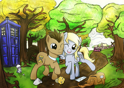 Size: 4500x3200 | Tagged: safe, artist:hazardmarine, angel bunny, derpy hooves, doctor whooves, time turner, earth pony, pegasus, pony, rabbit, g4, doctor who, female, mail, mailbag, male, mare, muffin, ship:doctorderpy, shipping, stallion, straight, tardis, the doctor