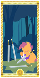 Size: 400x775 | Tagged: safe, artist:janeesper, scootaloo, g4, female, four of spades, four of swords, helmet, solo, sword, tarot card