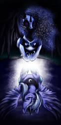 Size: 2330x4724 | Tagged: safe, artist:safe-as-houses, nightmare moon, princess luna, g4, crying, duality, female, reflection, solo