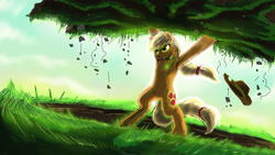 Size: 1920x1080 | Tagged: safe, artist:doomsp0rk, applejack, earth pony, pony, g4, badass, bipedal, earth pony magic, earth pony master race, female, levitation, solo, terrakinesis