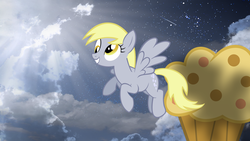 Size: 1920x1080 | Tagged: safe, artist:floppychiptunes, artist:illuminatiums, artist:nero-inferno, edit, derpy hooves, pegasus, pony, g4, female, mare, muffin, show accurate, sky, solo, vector, wallpaper, wallpaper edit