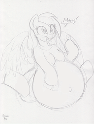 Size: 536x700 | Tagged: safe, artist:badgerben, derpy hooves, anthro, unguligrade anthro, g4, arm hooves, belly, big belly, female, monochrome, pregnant, solo, traditional art