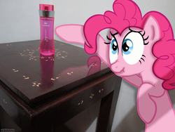 Size: 4320x3240 | Tagged: safe, artist:mrchezco1995, artist:rainbowplasma, pinkie pie, g4, irl, perfume, photo, ponies in real life, reflection, scrunchy face, shadow, solo, vector