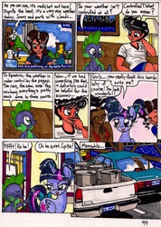 Size: 1376x1930 | Tagged: safe, artist:newyorkx3, spike, twilight sparkle, oc, oc:crystal, oc:sonia, oc:tommy, alicorn, dragon, human, pony, comic:twilight and the big city, g4, bow, car, comic, crysmmy, female, ford, ford crown victoria, male, mare, non-mlp oc, pickup truck, pigtails, self insert, tail bow, taxi, television, traditional art, twilight sparkle (alicorn)