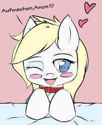 Size: 1639x2000 | Tagged: safe, artist:randy, oc, oc only, oc:aryanne, bed, blanket, blushing, collar, ear fluff, german, happy, heart, heart eyes, pet, pet play, smiling, solo, submissive, wake up, wingding eyes, wink